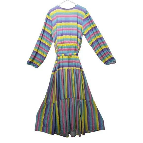 ELOQII Maxi Dress Womens 18 Easter Colorful Striped Tiered Ballon Long Sleeves - Picture 5 of 16